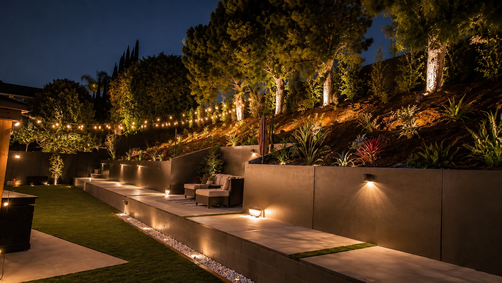 Terraced backyard with retaining walls and landscape lighting built by Rehab Building Co. INC
